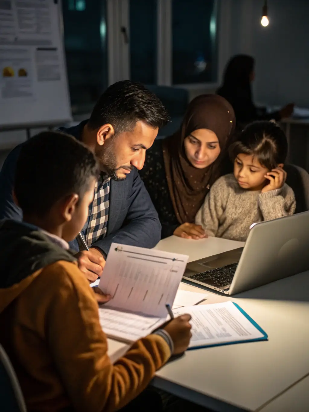 An immigration consultant advising a client on their immigration options, using a tablet to display relevant information and data.