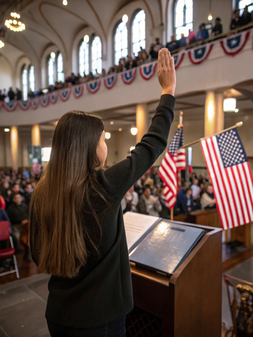 A person raising their hand during a citizenship ceremony, with the American flag in the background, symbolizing citizenship assistance.