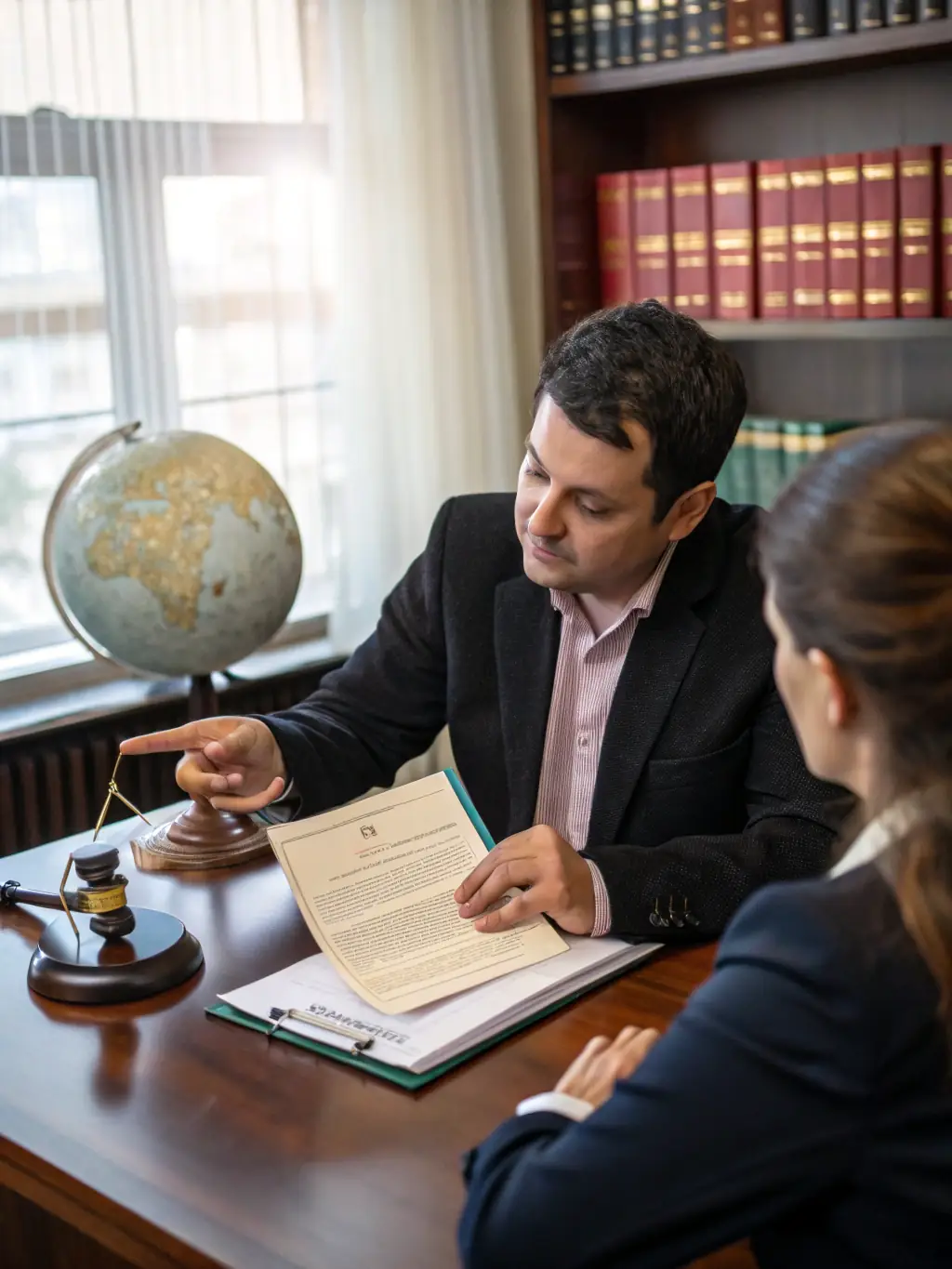 An immigration lawyer reviewing a visa application form with a client in a modern office setting, emphasizing attention to detail and accuracy.