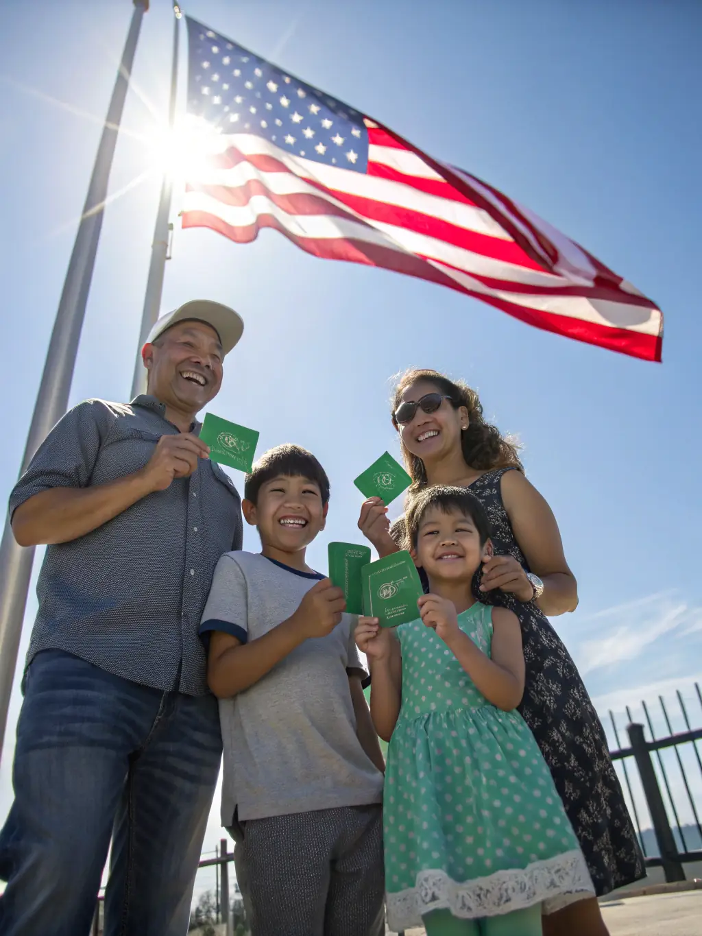 A family receiving their green cards at an immigration office, symbolizing the successful completion of their immigration journey.