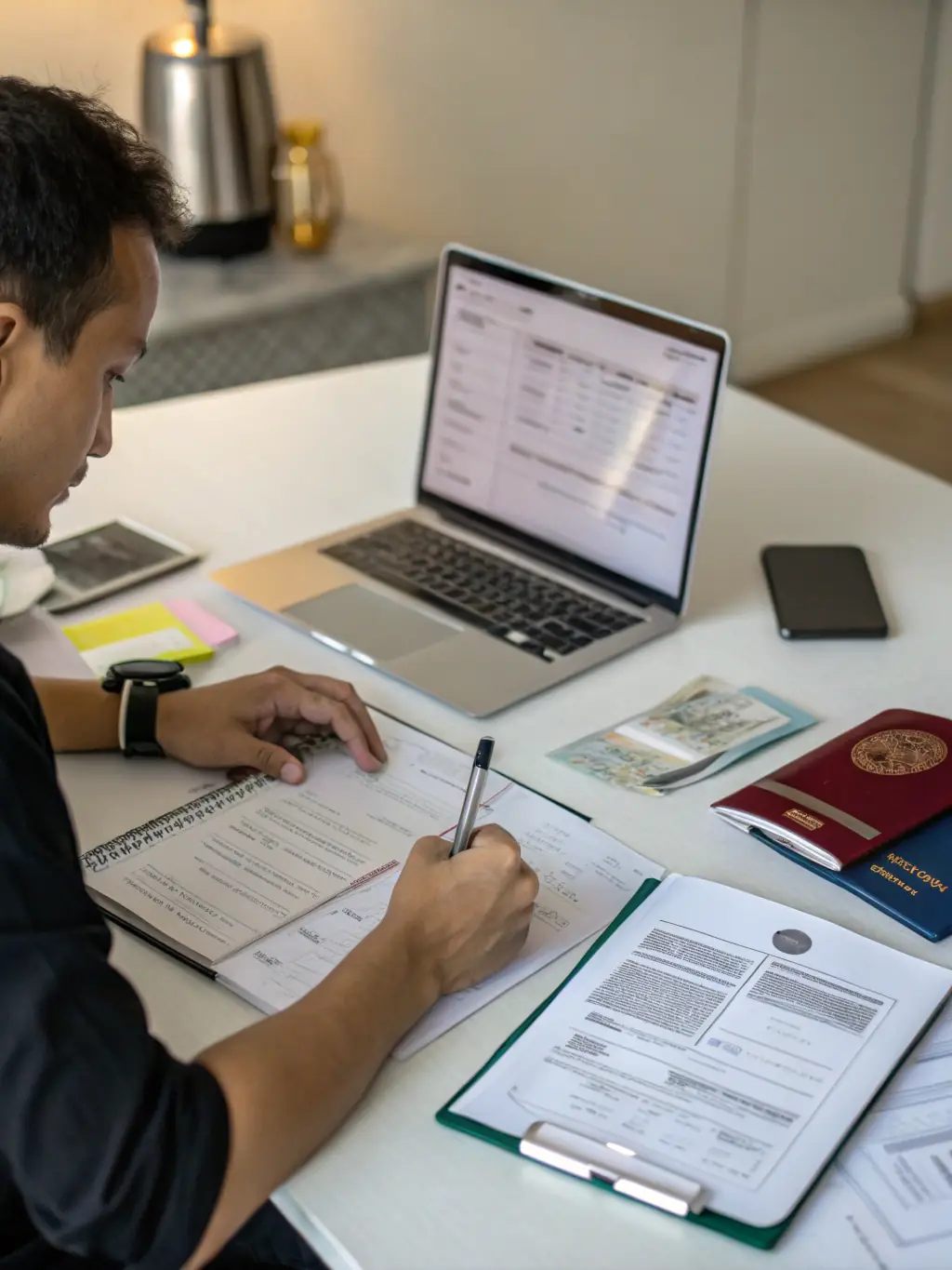 A person filling out a visa application form at a desk with various documents and a laptop in a well-lit office, symbolizing visa application assistance.